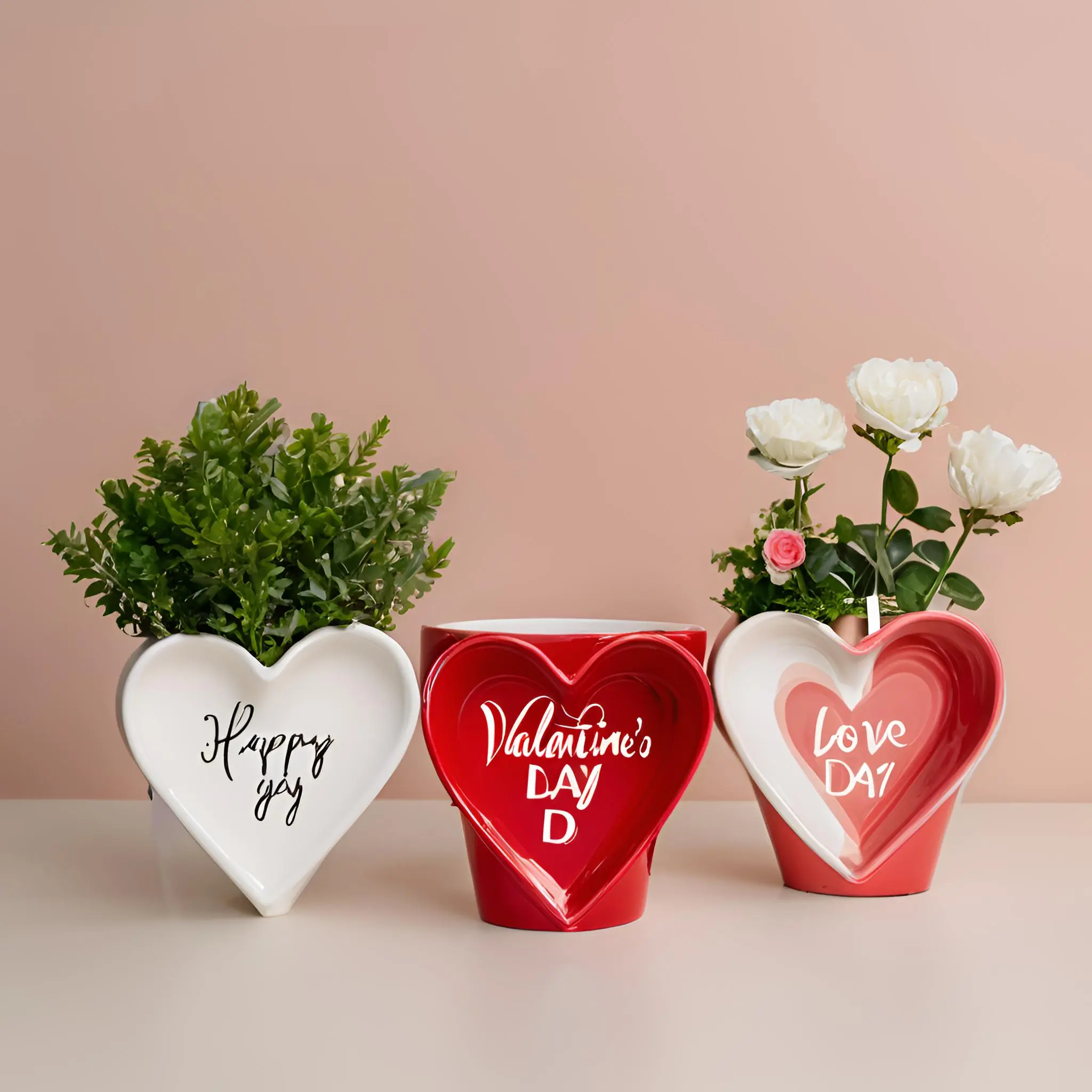 Heart shaped romantic ceramic planters and red glazed holiday decoration giftware.