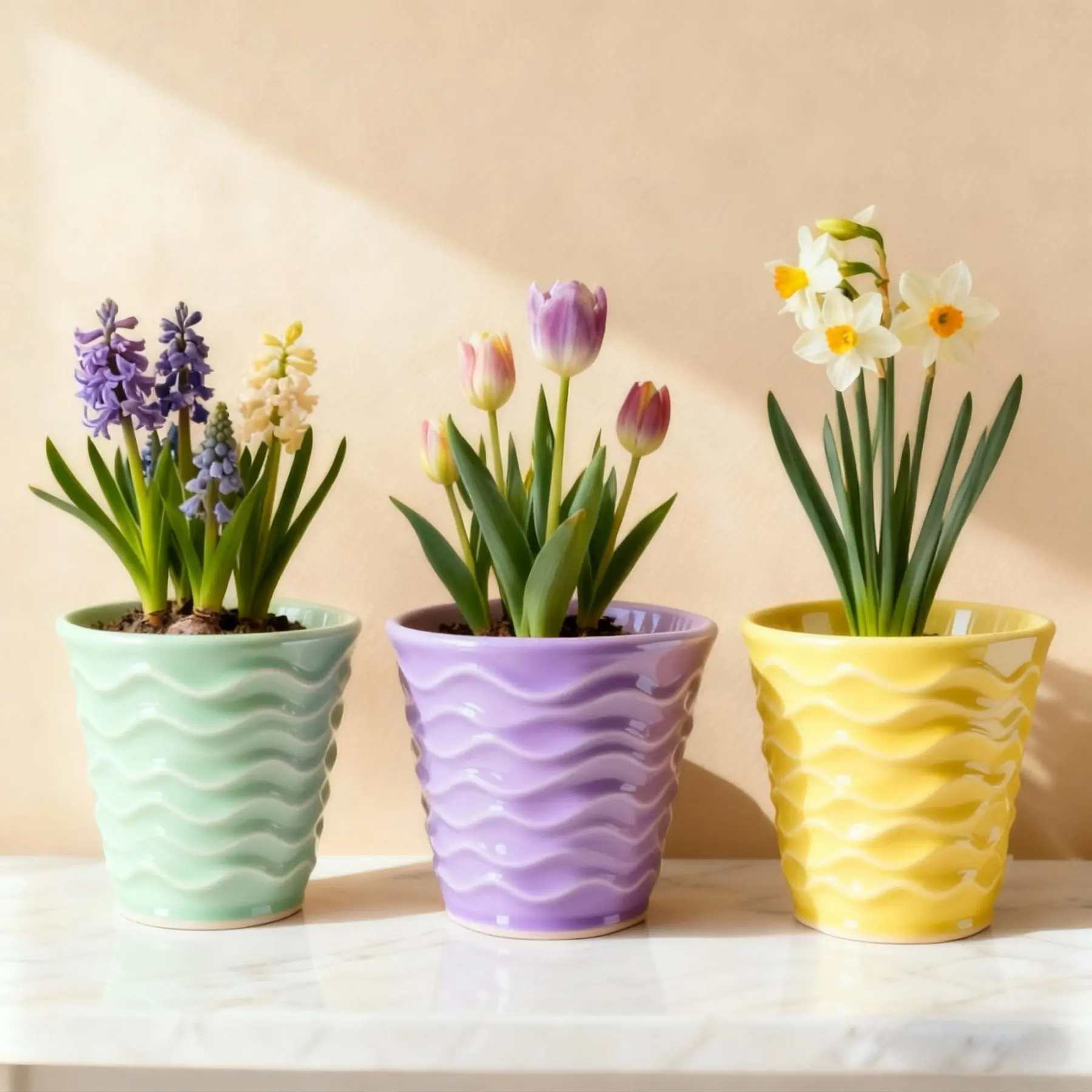 Glazed ripple textured ceramic planter set model VDLK5497.