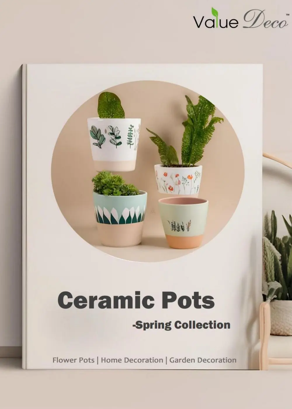 Catalog of Spring collection ceramic planters and pastel decorative vases.