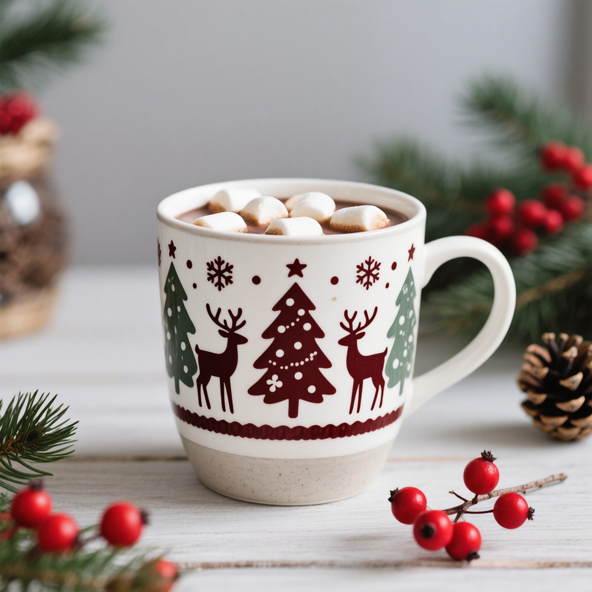 China Rustic Reindeer Pine Tree Speckled White Christmas Ceramic Holiday Mug VDLK4908 Manufacturer, Factories