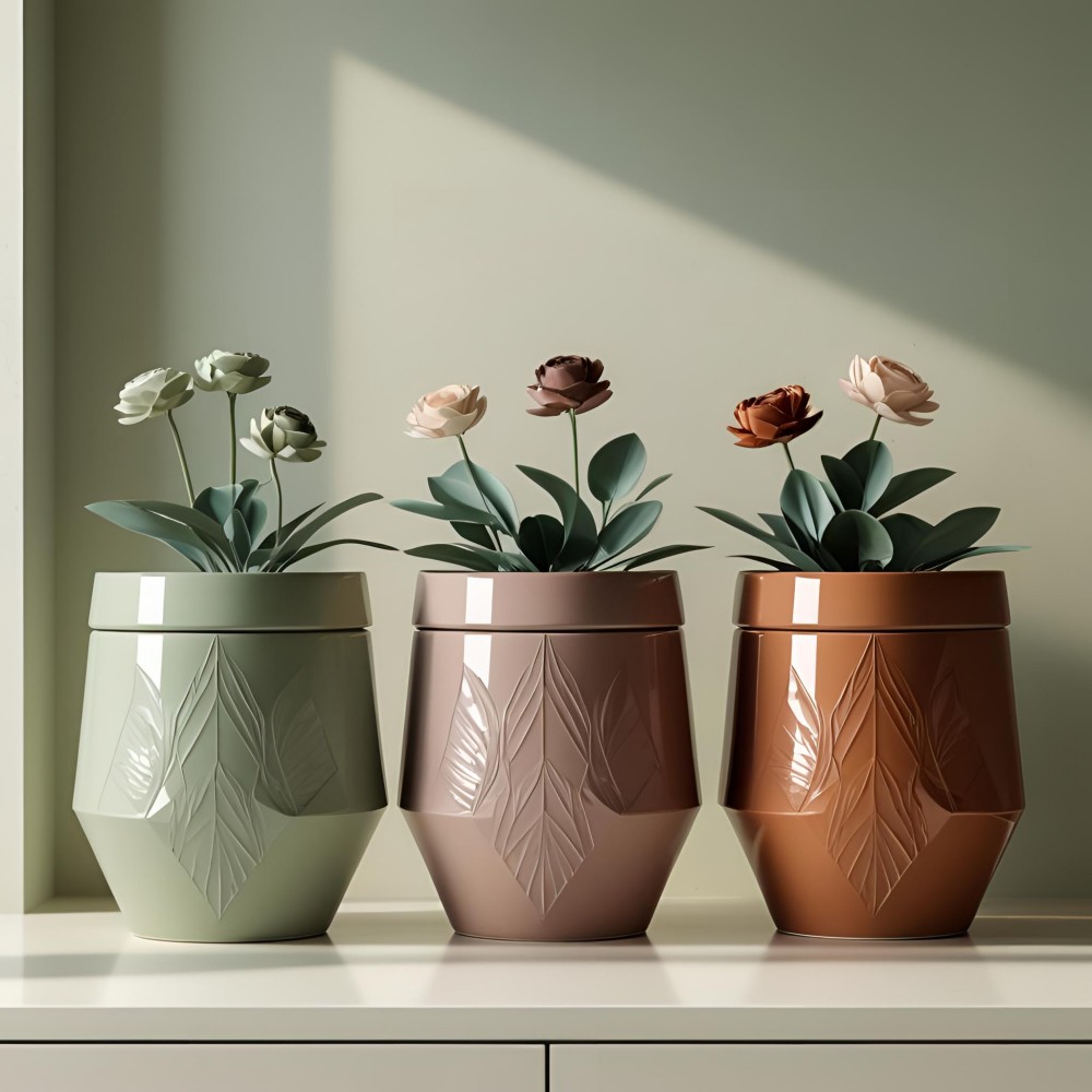 Cheap Leaf Embossed Gloss Ceramic Planter Three-Piece Table Decor Pot Set VDLK4742 Supplier, Suppliers