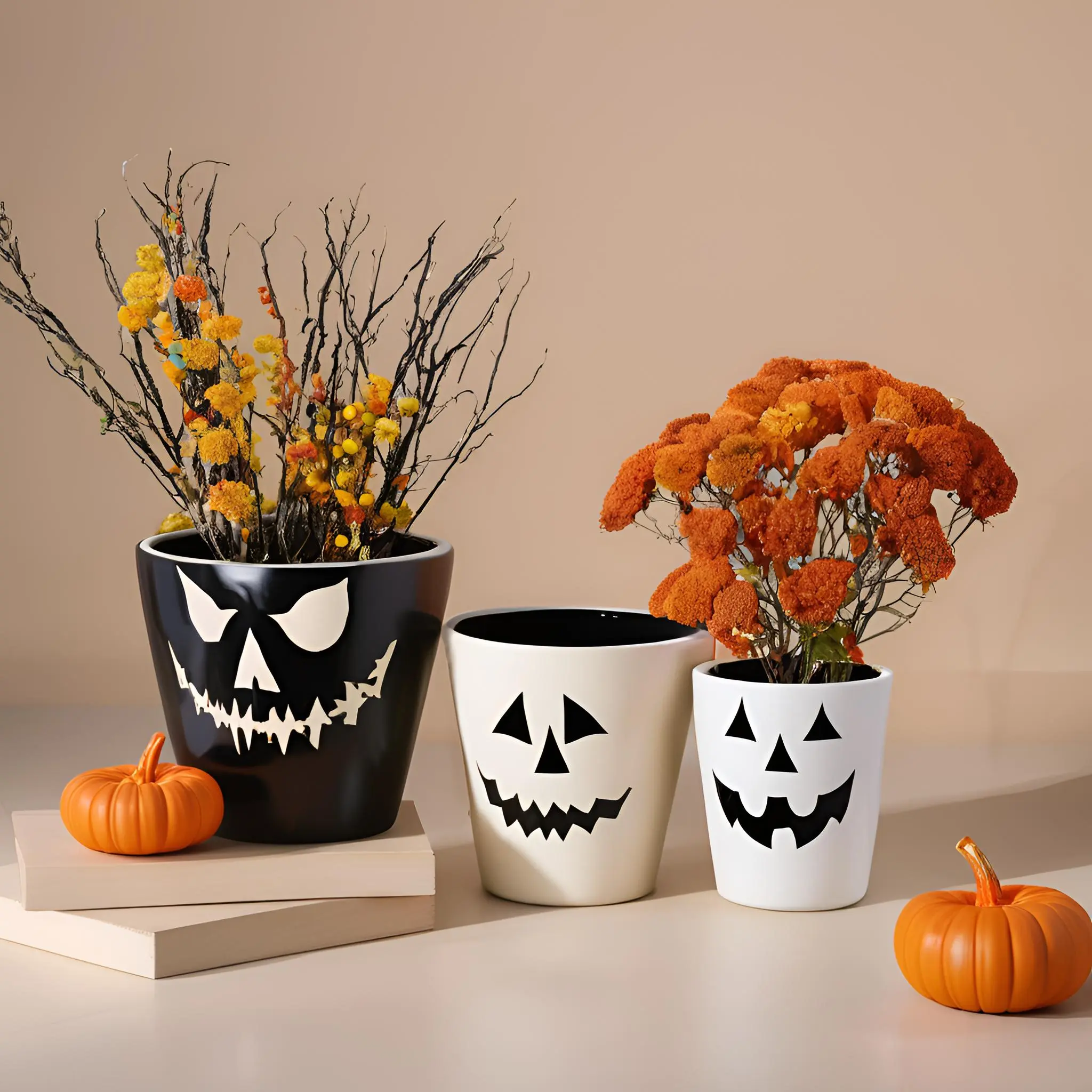 Pumpkin styled ceramic containers and dark gothic themed flower pots for Halloween.