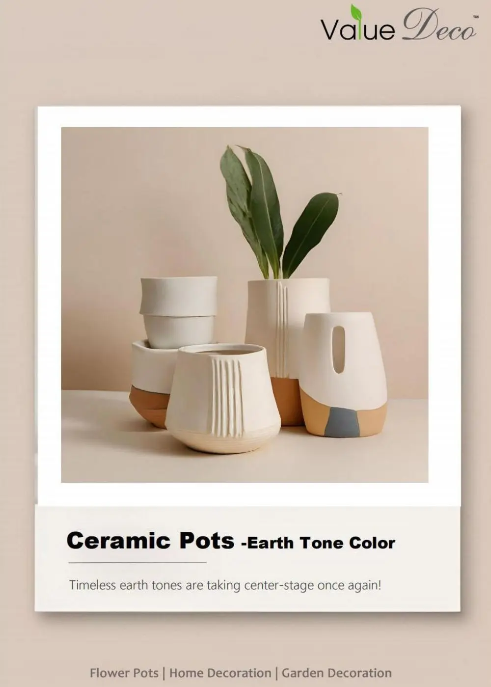 Earth tone colored ceramic pots brochure with matte and rustic finishes.