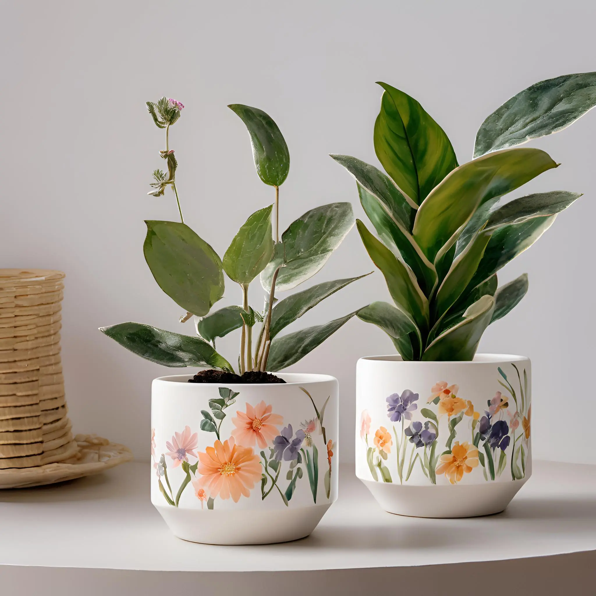 Bright colored spring themed flower pots and seasonal floral containers.