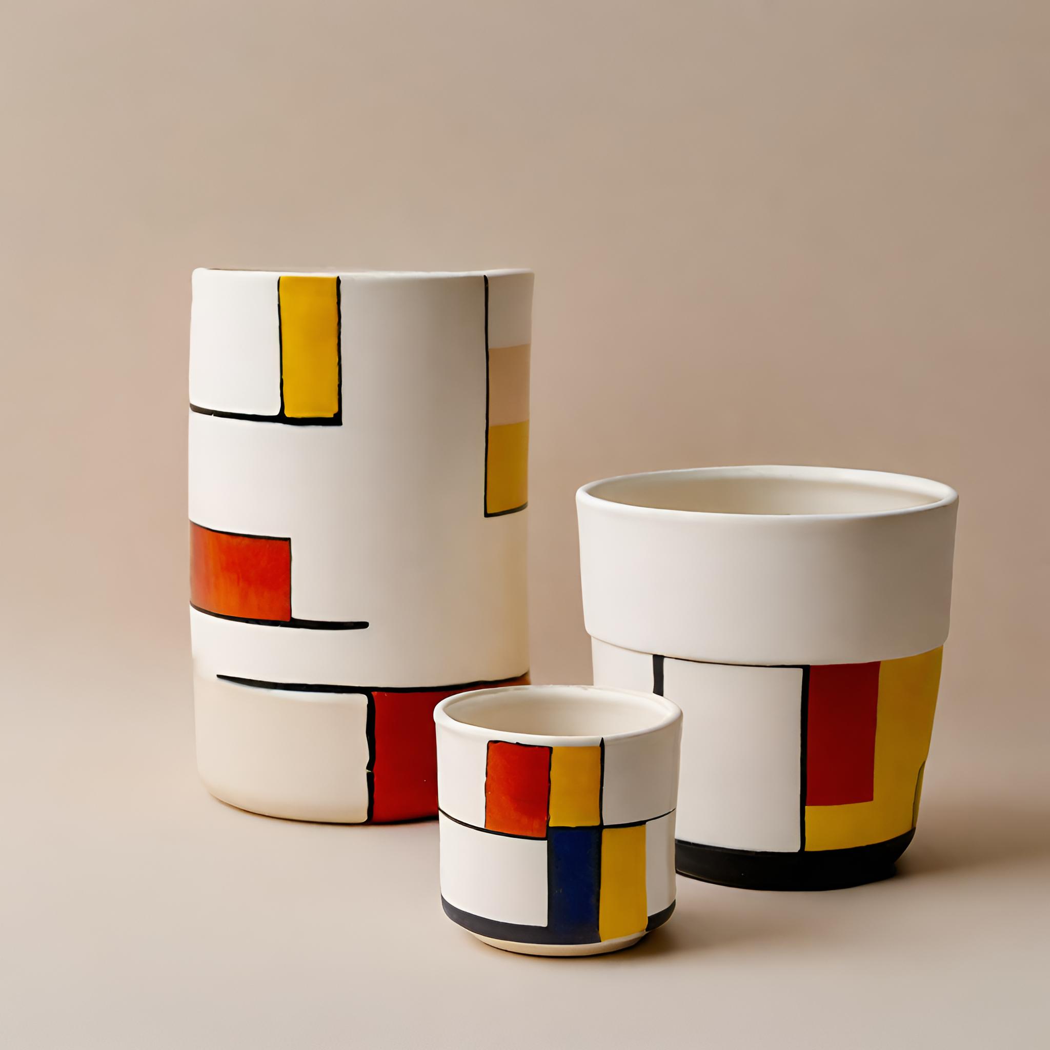 China Set of 3 Montrian Style Ceramic Pots – Vibrant Geometric Planters for Indoor Use VDMK2403120 Manufacturers, Factory