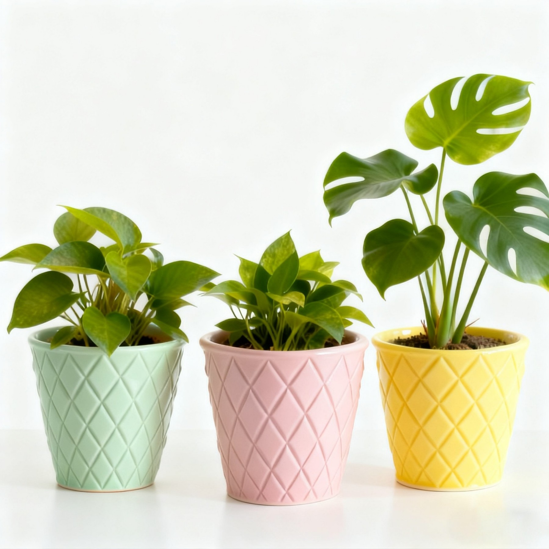 China Pastel Diamond Embossed Ceramic Planter Set for Modern Indoor Plants VDLK5508 Manufacturer, Suppliers