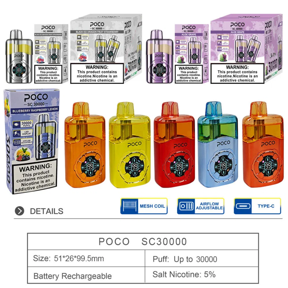 Zero Nicotine Disposable Vape Manufacturing Poco 30000 Puff One Time Use E-Cigarettes