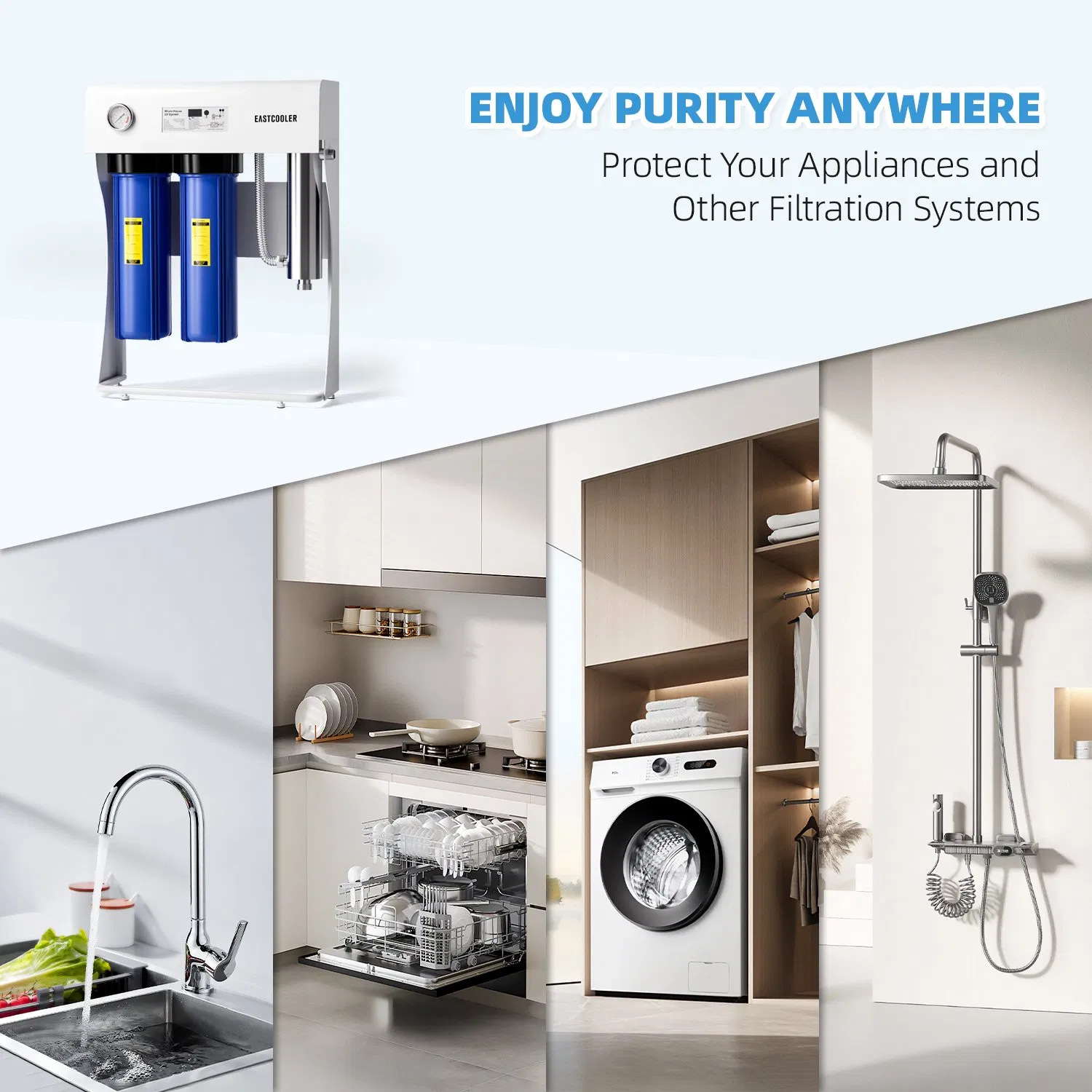 20inch Big Blue UV Whole House Water Purification System Stainless Steel 304 Bracket Stand Effective 2-Stage Filtration for Family Health