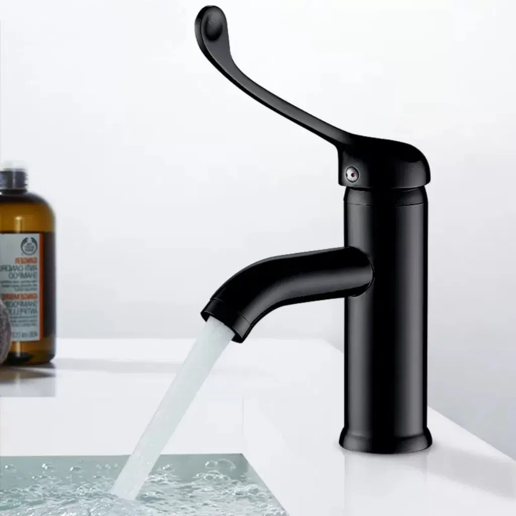 Black Medical Grade Long Handle Faucet with Chrome Plated Brass Elbow