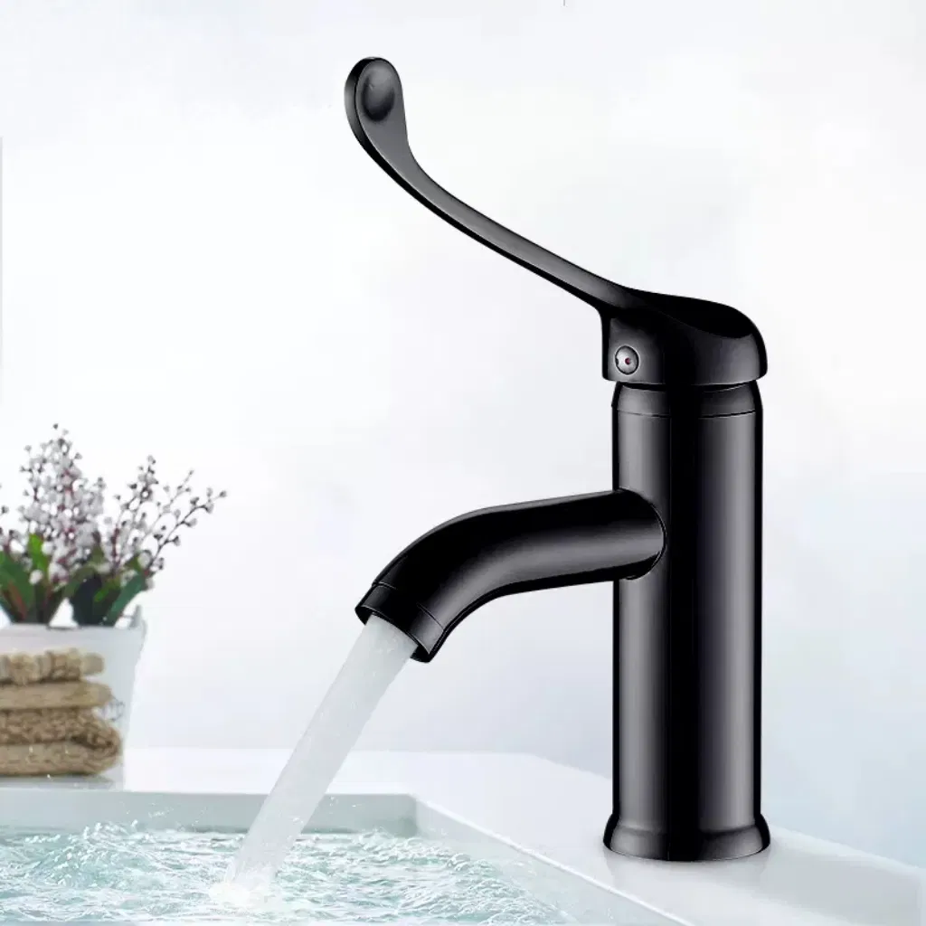 Black Medical Grade Long Handle Faucet with Chrome Plated Brass Elbow