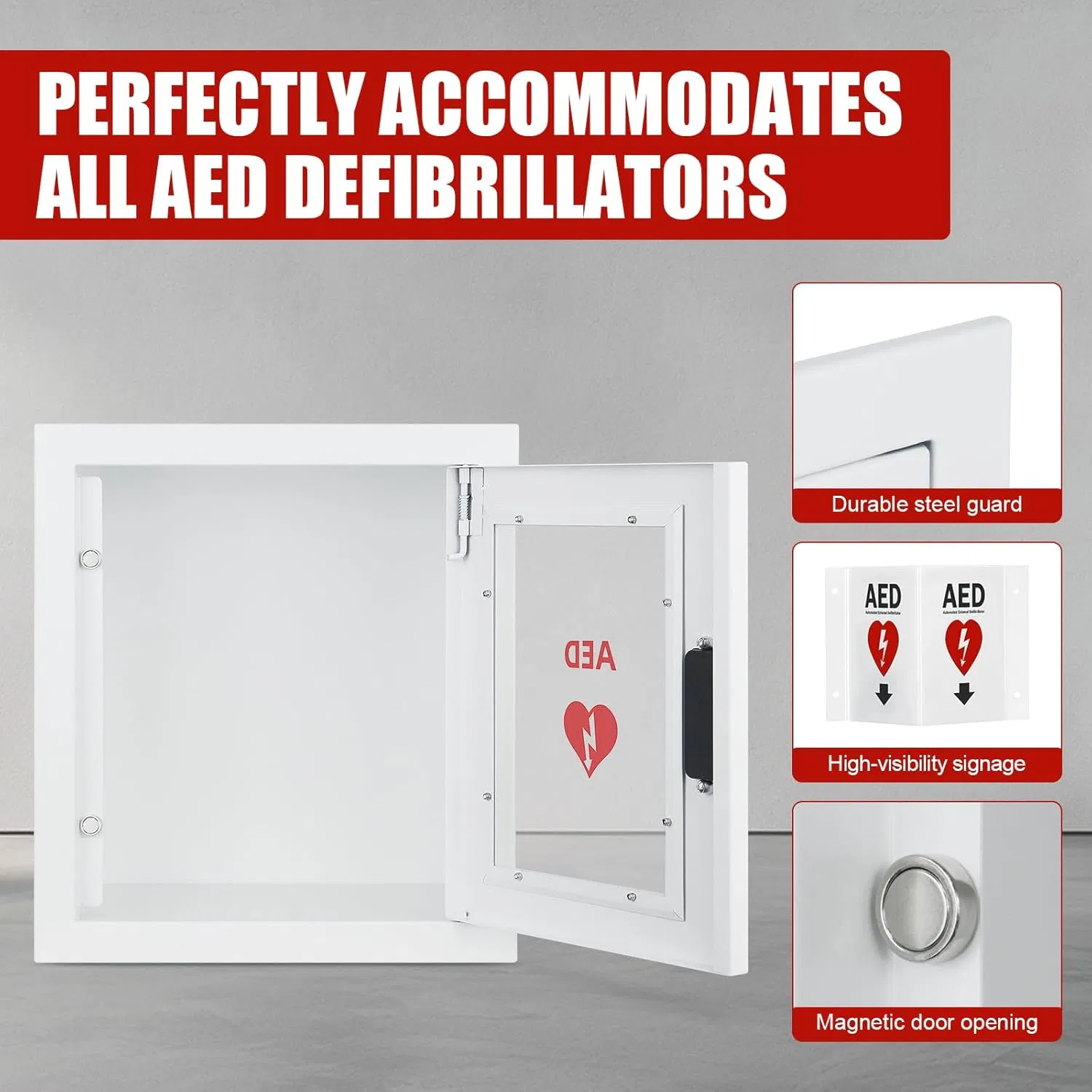 Wall Mount with Alarm &amp; Magnetic Door - Universal Storage for Philipss, Zoll, Defibtech Aeds - Emergency Ready for Office, School, Public Place Aed Housing