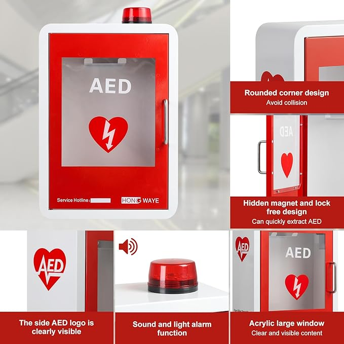 Wall Mount with Alarm &amp; Magnetic Door - Universal Storage for Philipss, Zoll, Defibtech Aeds - Emergency Ready for Office, School, Gym Wall Mounted Aed Cabinet