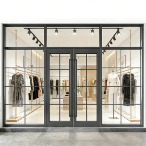 OUNA High Strength Commercial Exterior Glass Storefront Door Stainless Steel French Design Windproof Aluminum Alloy Construction