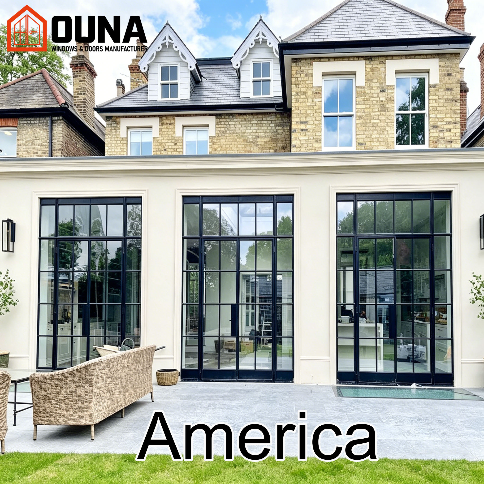 OUNA Usa Project Villa Nfrc Certified Aluminum Window Tempered Glass Heat Insulation Energy Efficient French Door Other Window