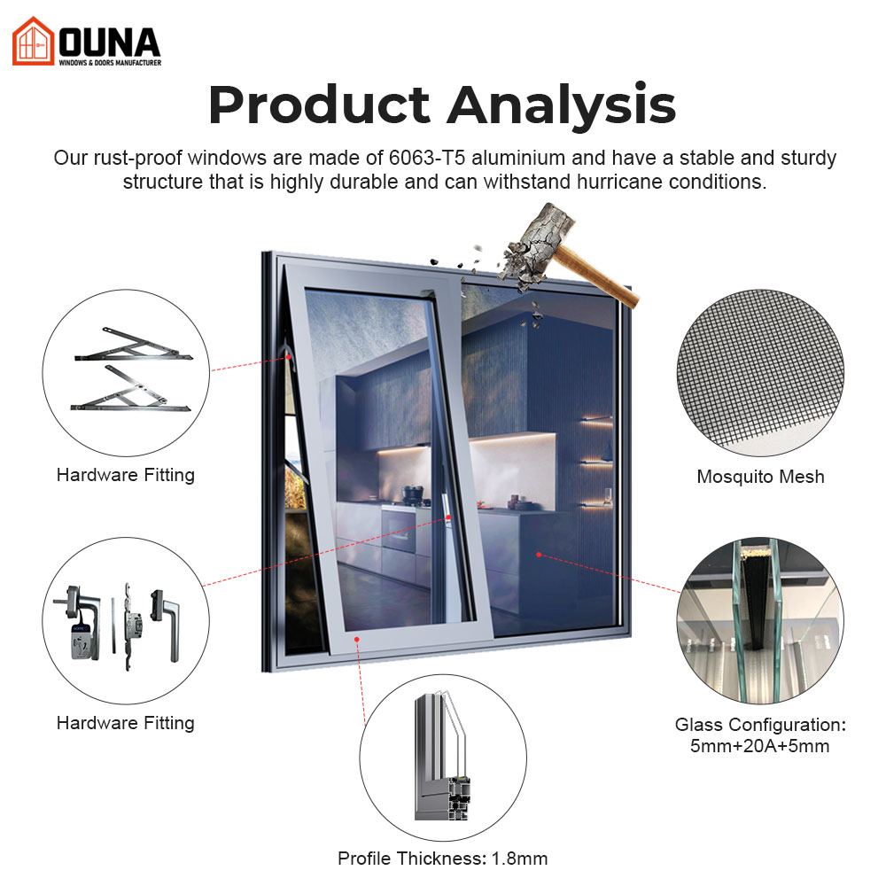 OUNA Australia Simple Design Hot Sell Aluminum Awning Window Thermal Break Double Tempered Glass AS2047Certified Casement Window