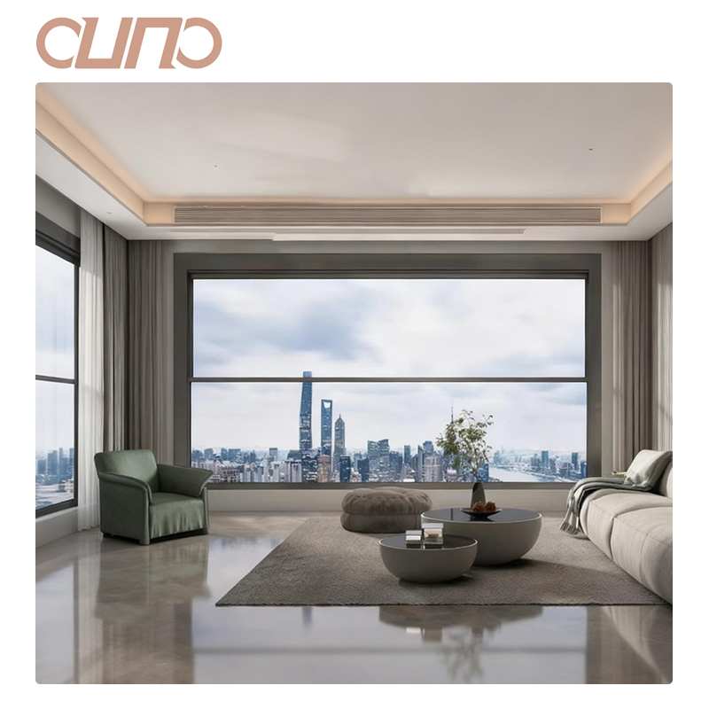 OUNA Modern Electric Vertical Lift Balcony Window System Custom Safety Aluminium Alloy Glass Stainless Steel Screen Netting