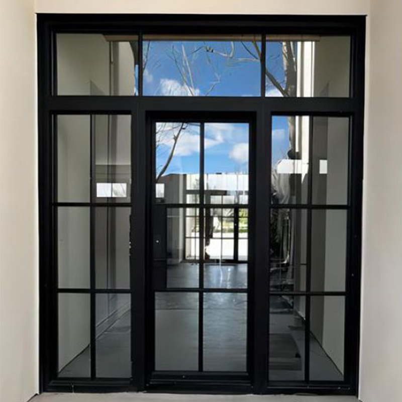 OUNA Custom Size Aluminum Double Door with Grid Design Soundproof Glass Door for Residential Entrance