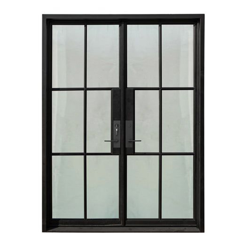 OUNA Black Grid Pattern Aluminum Double Door Narrow Frame Tempered Glass Entry Door for Modern Villa
