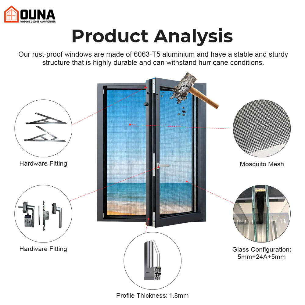 OUNA NFRC Thermal Break Double Glass Energy Efficient Swing Aluminum Casement windows for House Villa Tilt and Turn Window