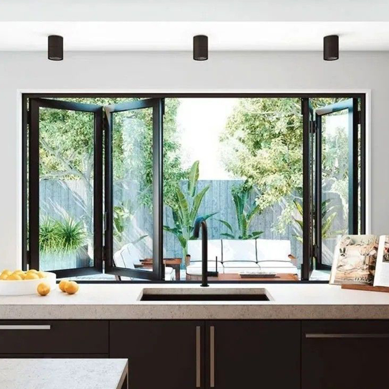 OUNA True Accordion Style Aluminum Folding Window Compacts Fully to One Side for Maximum Opening Clear Width Custom Finishes