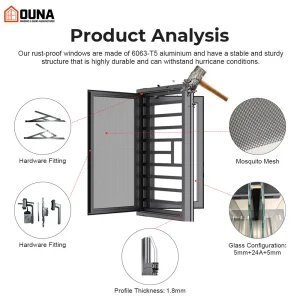 OUNA Aluminum Casement Window Tempered Double Glass Thermal Break Soundproof for Residential Building Hurricane Impact Proof