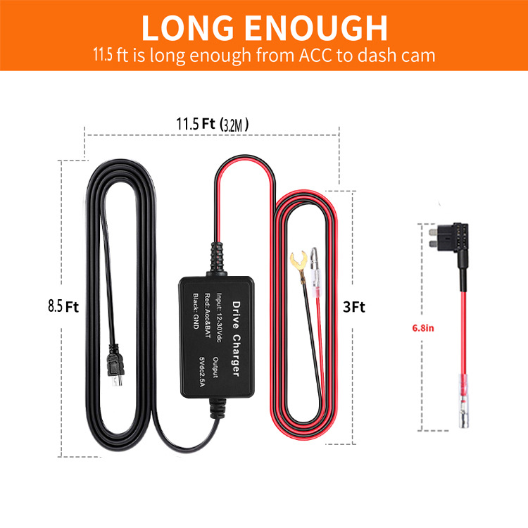 Factory Supply 12-24V Car Step-down Cable Model B219 3.2m Mini Driving Recorder Low-voltage protection Parking Monitoring