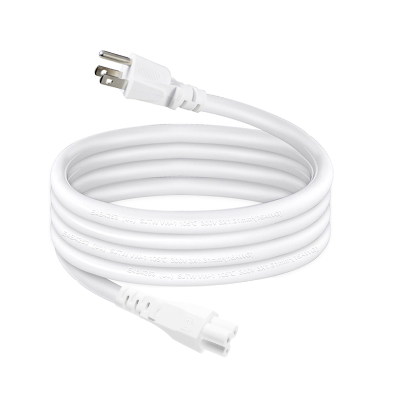 White Nema 5-15p to Power Cable Us 3 Prong Ac Laptop Power Cord 16awg 2ft 125v 10a for Laptop Monitor Printer Scanner