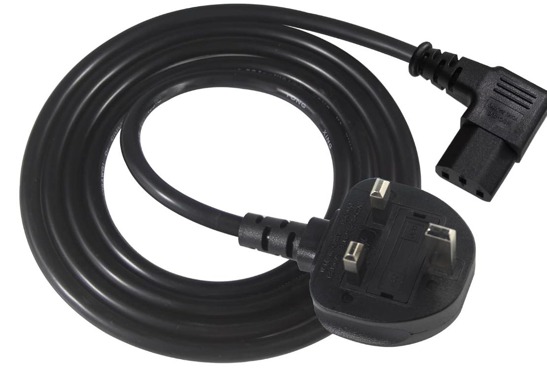 Uk Power Cable Kettle Lead, 13a Fused Uk Plug Bs 1363 to Right Angle Iec C13 Laptop Charger Cable Heavy Duty 16awg 1.0mm2