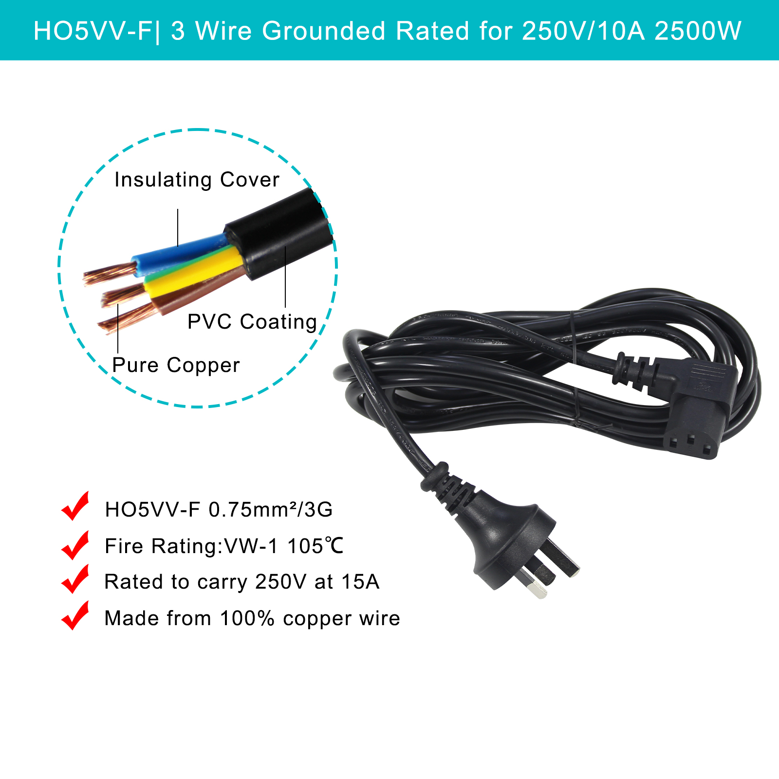 1.5m/5ft Iec C13 Kettle Lead to Au Plug 3 Pin Ac Power Cable Cord Monitor Angled L Shape Extension Cable