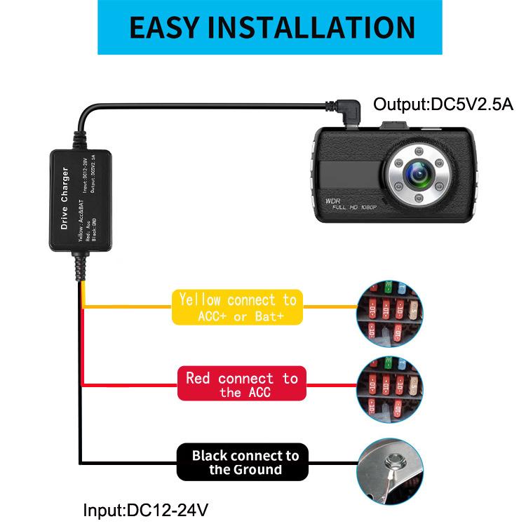 Direct Sales Car DVR Step-Down Three-Core Mini Model B004 3.5m Time-Lapse Video 24-Hour Parking Monitoring Power Cable