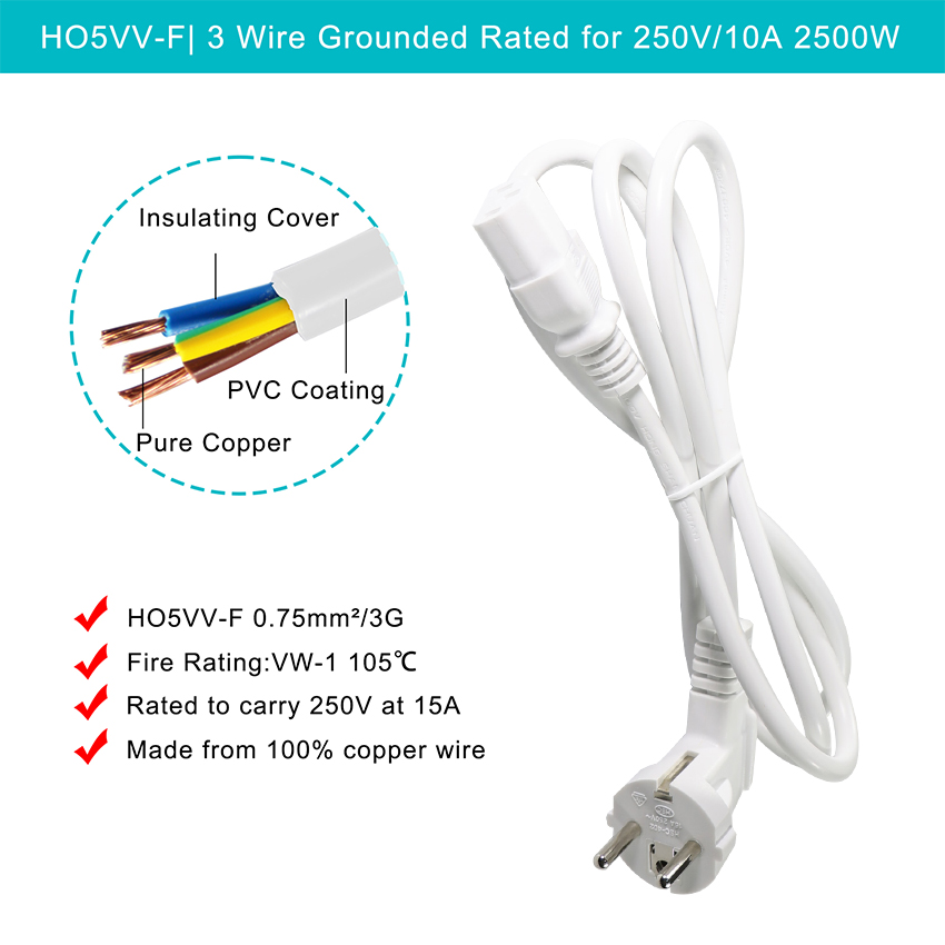 18awg 16awg Eu Schuko C13 10a 250v Black Computer Power Cord Ac Power Supply Cable Printer Power