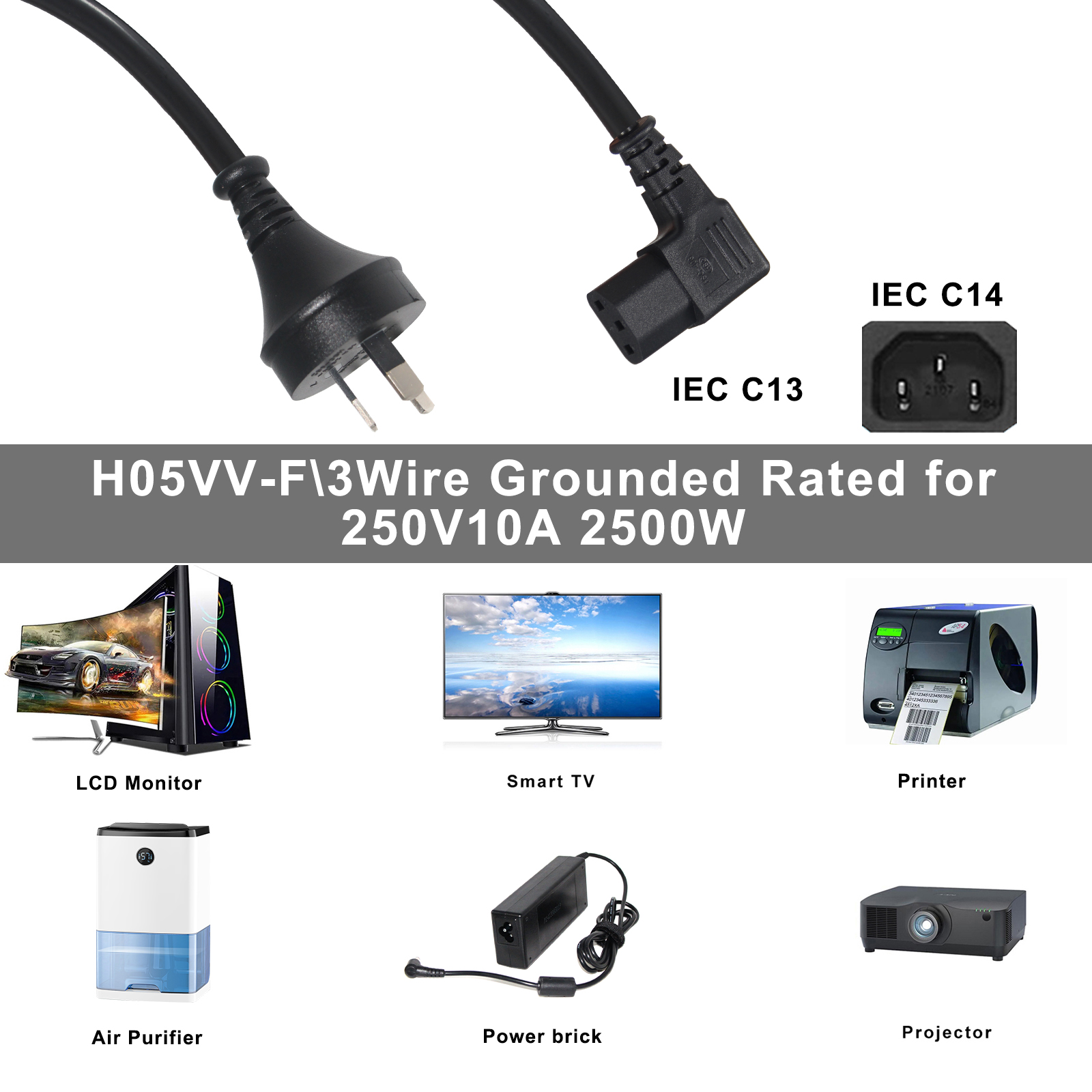1.5m/5ft Iec C13 Kettle Lead to Au Plug 3 Pin Ac Power Cable Cord Monitor Angled L Shape Extension Cable