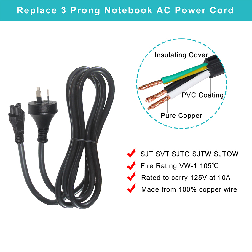 Factory Ex-work 3 Pin Au Cloverleaf Lead Main Plug Ac Cable With Female Ends for Computer Laptop Power Cord