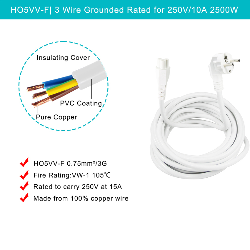 Custom White Euro Ac Power Cord Eu Schuko 3pin Cee 7/7 Plug 10a 220v 3*0.75mm Vde Mains Lead Cable for Laptop Projector