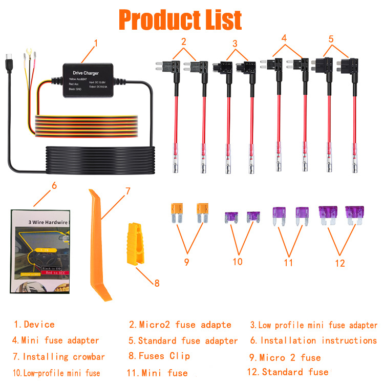 Cross-border Supply Mini Car Step-down Line Driving Recorder with Time-lapse Recording Three-core 3.2m Parking Monitoring