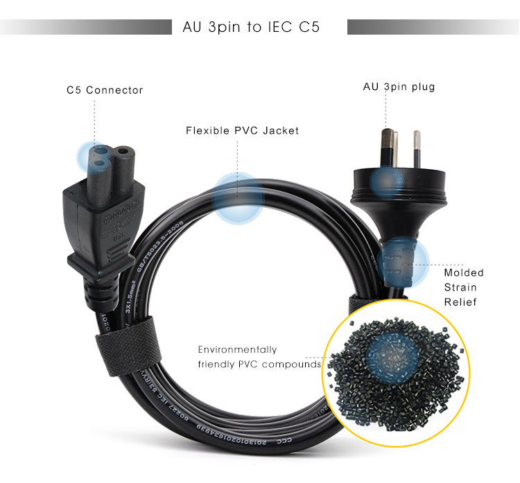 Factory Ex-work 3 Pin Au Cloverleaf Lead Main Plug Ac Cable With Female Ends for Computer Laptop Power Cord