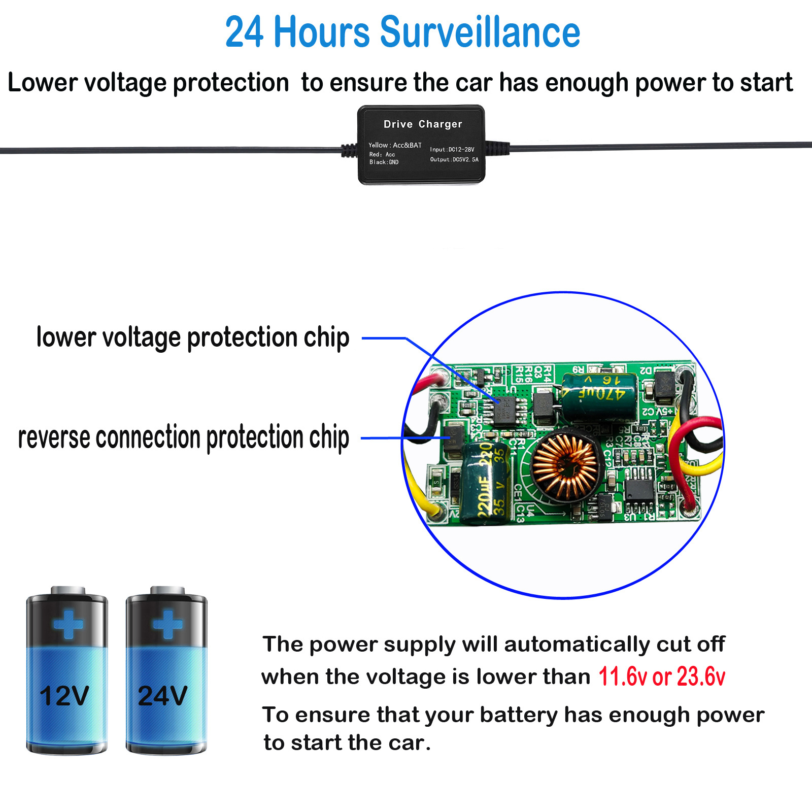 Cross-border Supply Automotive Voltage-reducing Cables Mini 3.2m Three-core Time-lapse Recording 24-hour Parking Monitoring