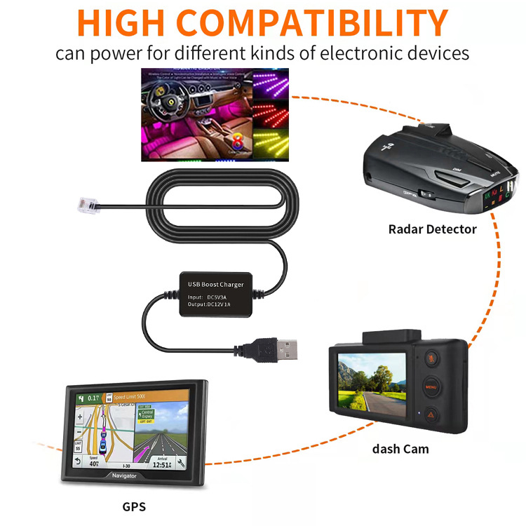 USB Boost Cable DC3.5*1.35 5V/9V to 12V Step-Down for Car Detection Radar & GPS DVR with 1A Current