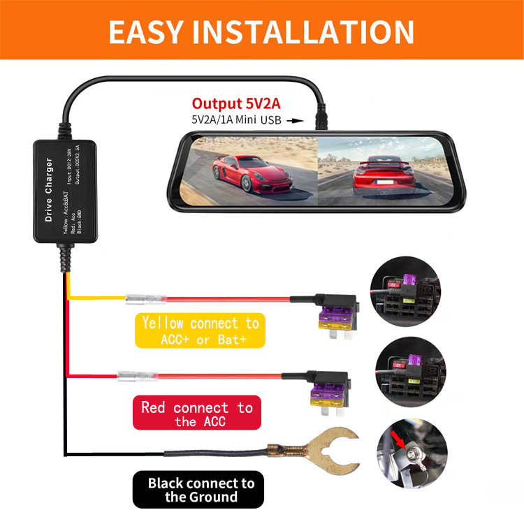 Cross-border Supply Mini Car Step-down Line Driving Recorder with Time-lapse Recording Three-core 3.2m Parking Monitoring