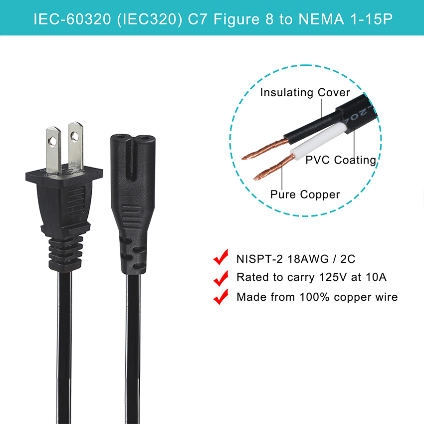 American Power Plug Extension With Ac Output 6ft Us C7 Power Cord Adapter for Home Appliance Pvc Jacket Female Iec End Type