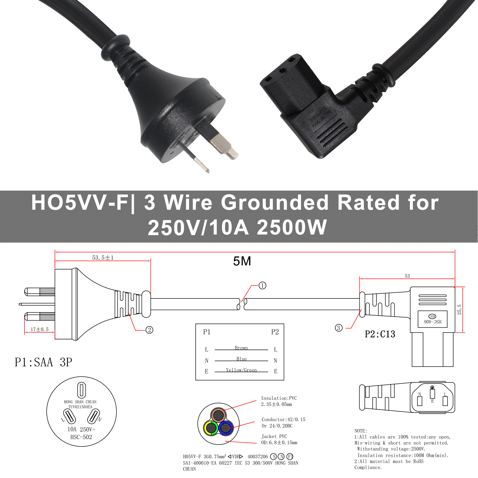 1.5m/5ft Iec C13 Kettle Lead to Au Plug 3 Pin Ac Power Cable Cord Monitor Angled L Shape Extension Cable