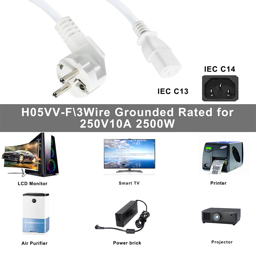 18awg 16awg Eu Schuko C13 10a 250v Black Computer Power Cord Ac Power Supply Cable Printer Power