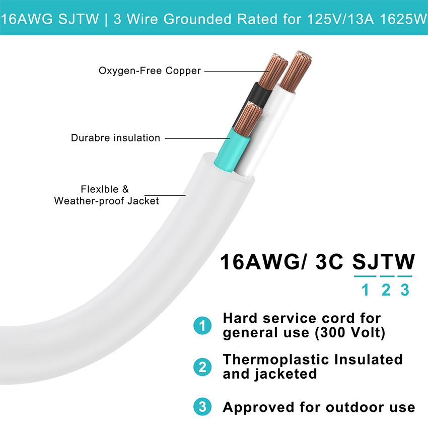 White Nema 5-15p to Power Cable Us 3 Prong Ac Laptop Power Cord 16awg 2ft 125v 10a for Laptop Monitor Printer Scanner