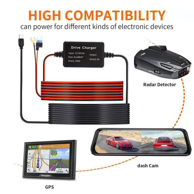 Cross-border Supply of Mini 5V2.5A Dashcam Step-down Cable 12V24V to 5V Navigation System radar Detection Power Cable