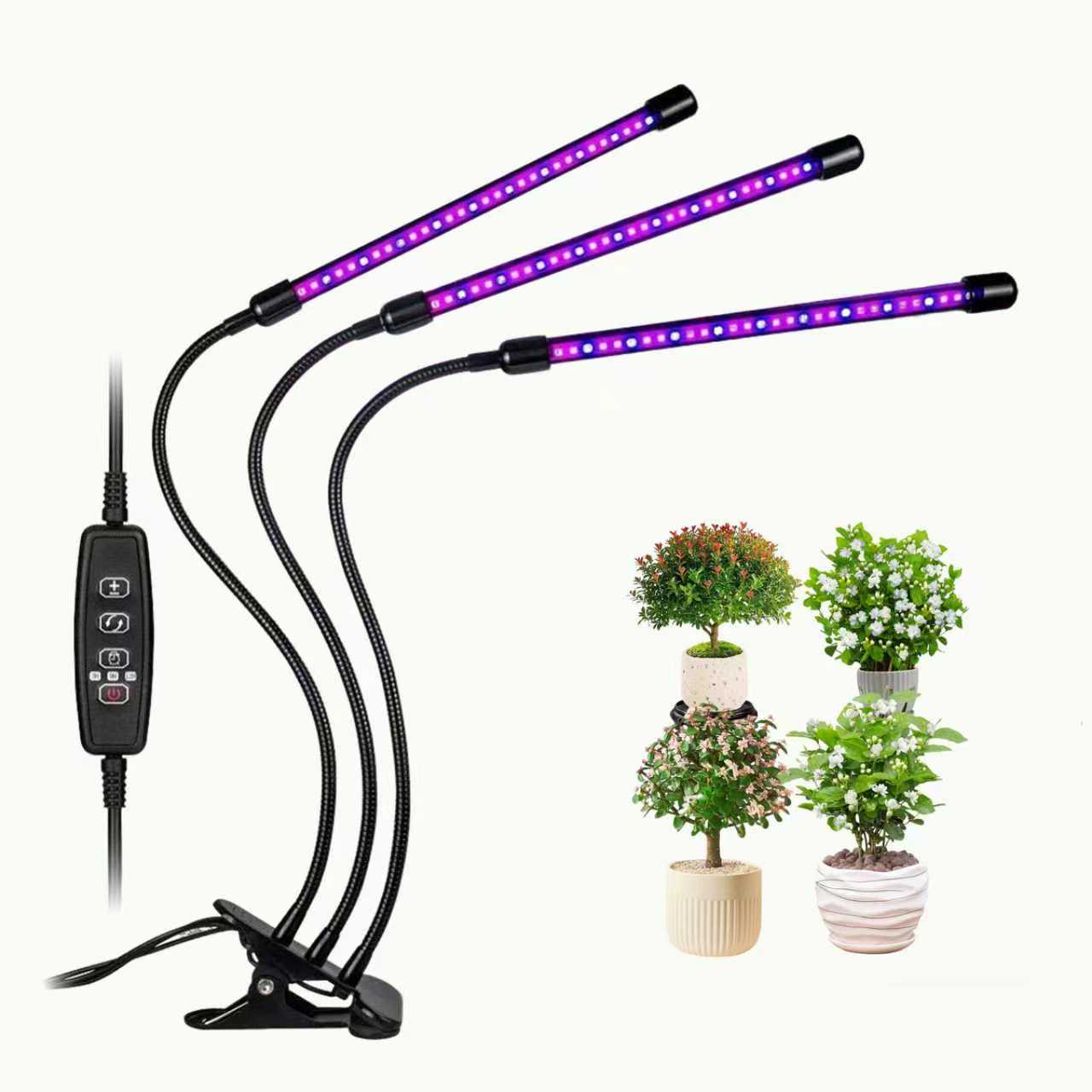 3-Head LED Grow Light with Timer &amp; Dimmable Modes | Full Spectrum Clip Plant Lamp for Indoor Plants