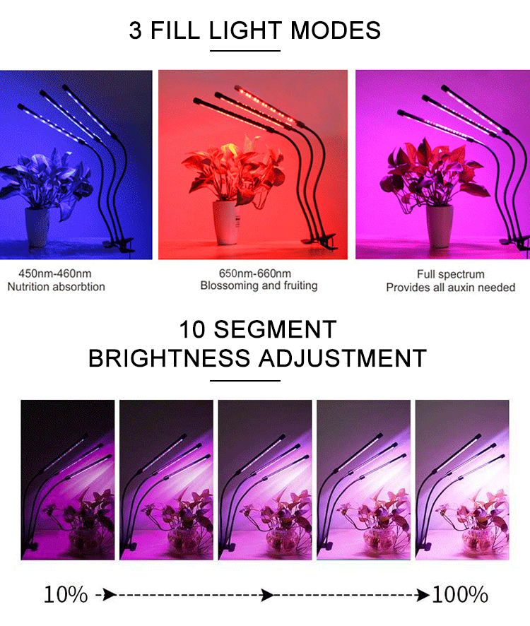 Indoor Full 360 Degree 3 Modes Dimmable Flexible Spectrum Lamp Plant Led Grow Light for Greenhouses Flowers