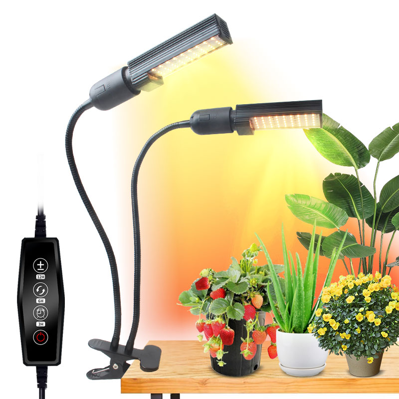 Full Spectrum 2 Heads Timing Dimmable Desk Clip LED Grow Light for Indoor Plants Hydroponics for Indoor Plants