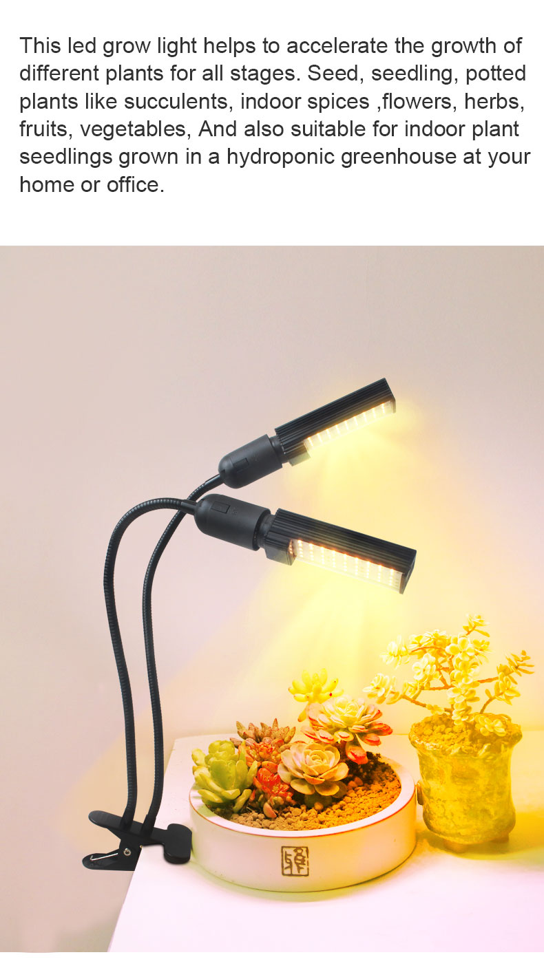 Full Spectrum 2 Heads Timing Dimmable Desk Clip LED Grow Light for Indoor Plants Hydroponics for Indoor Plants