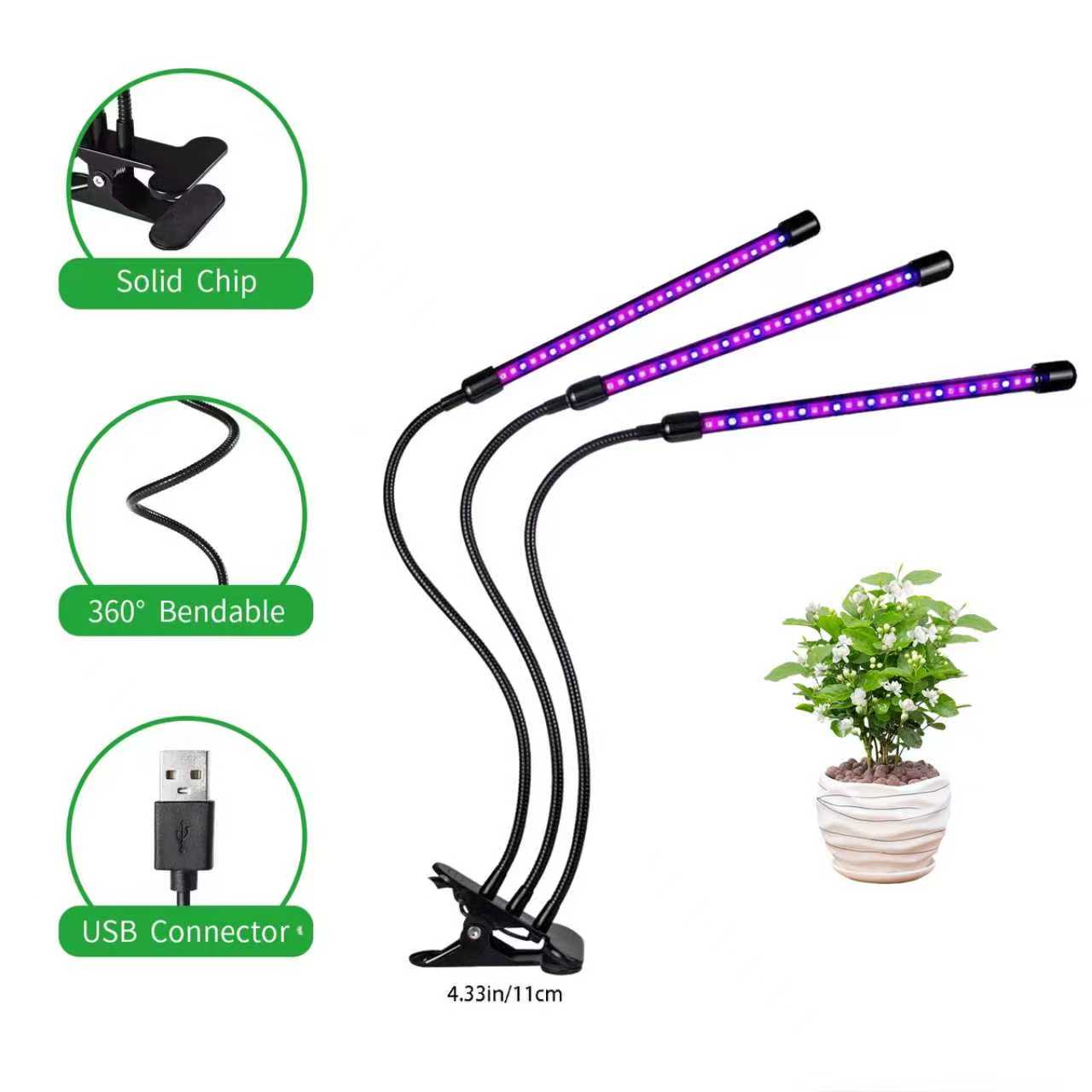 3-Head LED Grow Light with Timer &amp; Dimmable Modes | Full Spectrum Clip Plant Lamp for Indoor Plants