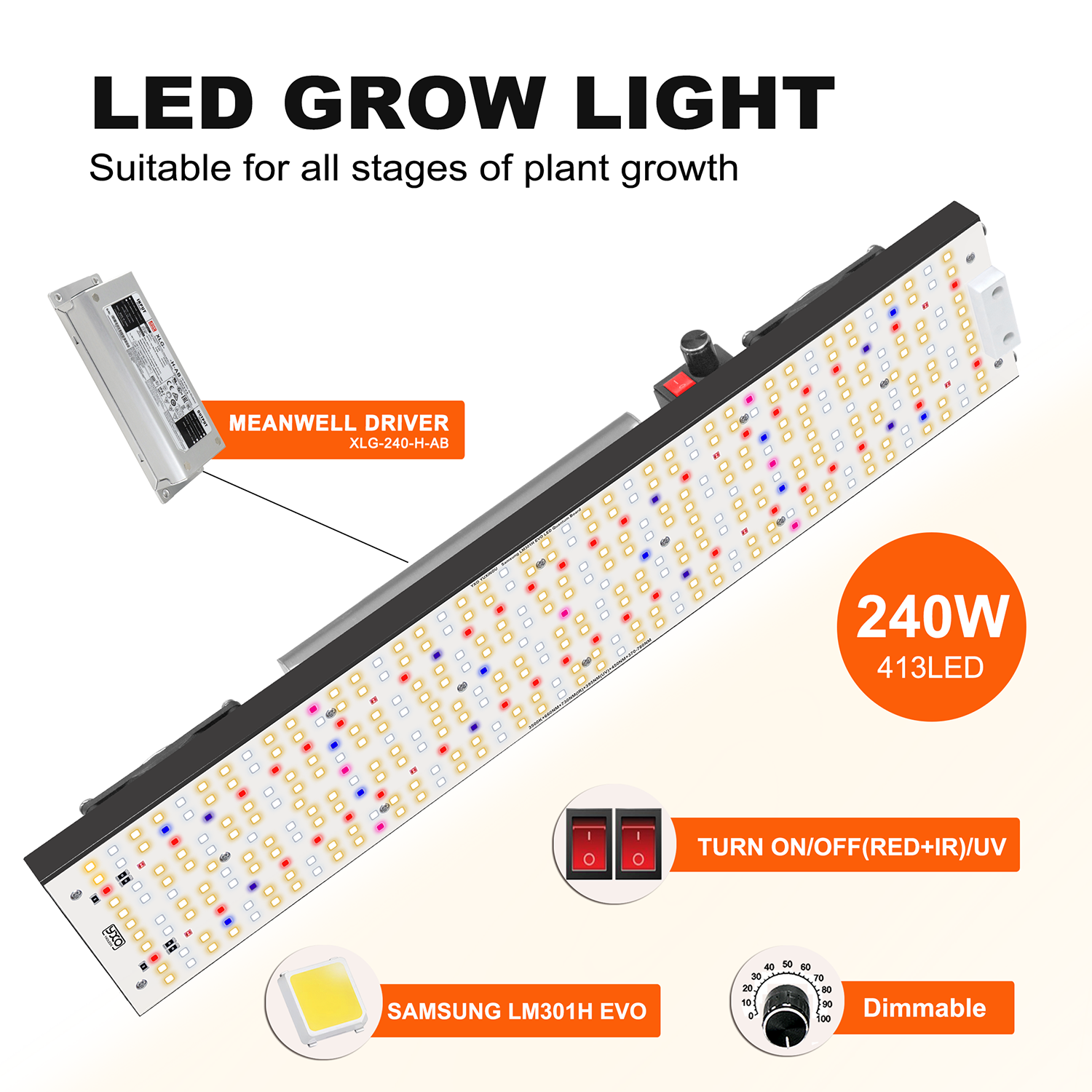 EU Stock Fast Delivery Phytolamp Aluminum Full Spectrum Led Grow Light LM301H 3500K IR UV Red 240w LED Grow Light